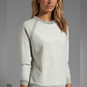 Haute Hippie Crystal Herringbone Neck Sweatshirt Light Heather Grey M NWOT
